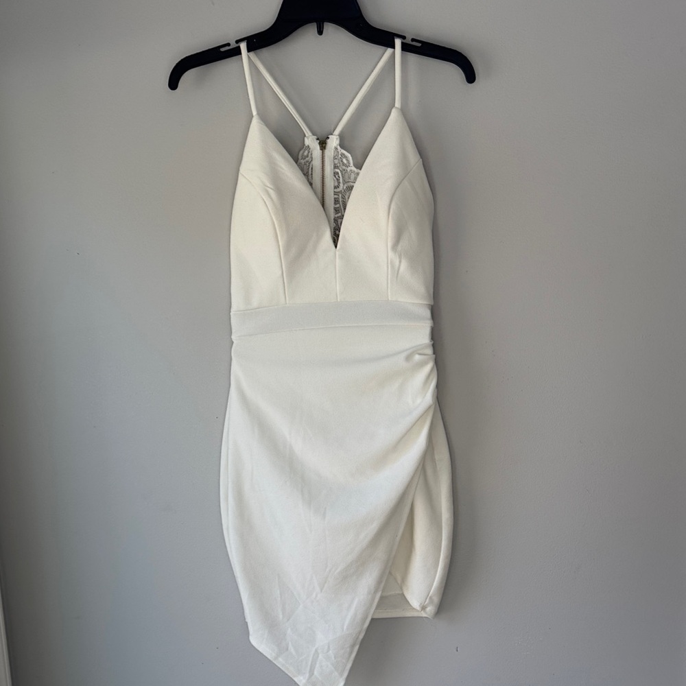 Emerald Sundae Asymmetrical Hem Lace Racer Back White Dress Bachelorette/Bridal